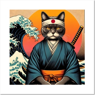 Vaporwave Samurai Cat Great Wave Off Kanagawa Posters and Art